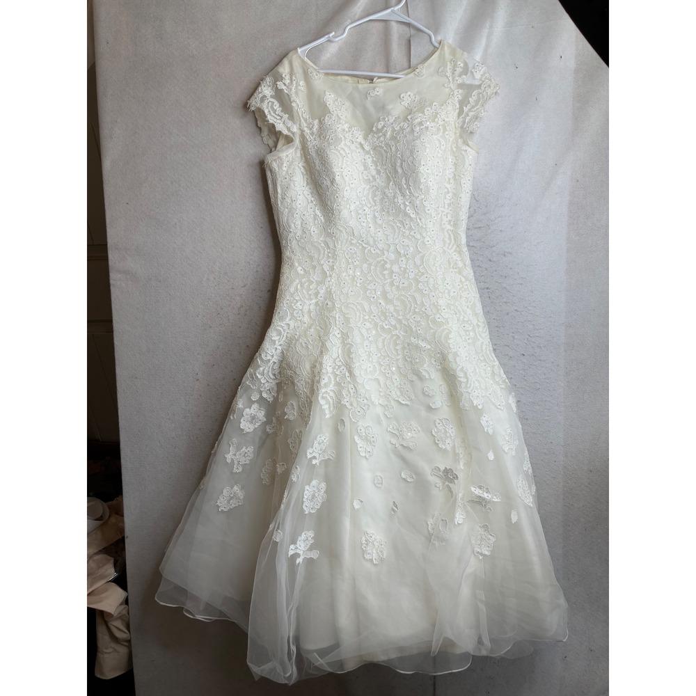 Oleg Cassini Ivory Lace Pearl Beaded Tea Length Wedding Dress 14 Illusion Neck